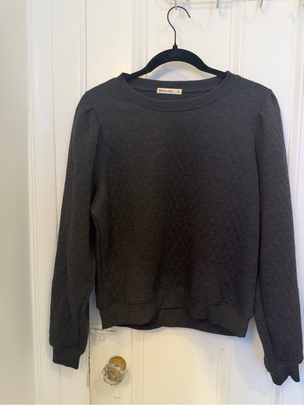 Marine Layer Corbet Quilted Puff Sleeve Crewneck Sweatshirt Charcoal Gray M